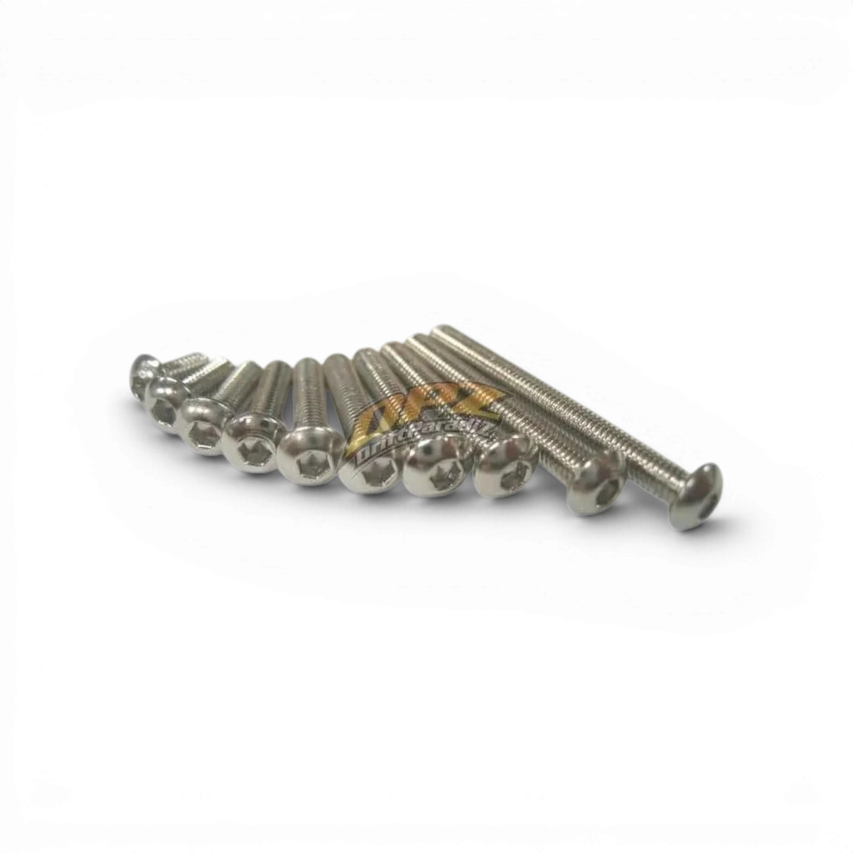 Vis tête ronde chromée de 3x14 mm, pièce détachée Mikuni Factory, visible en gros plan sur fond neutre.