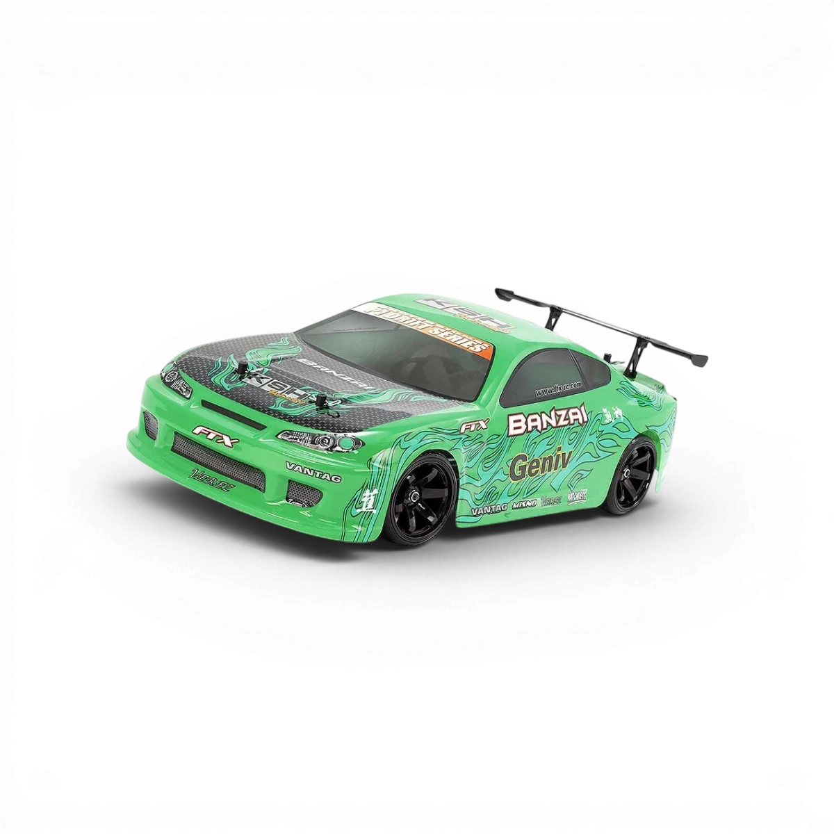 Voiture Banzai FTX 1/10 drift 4x4 verte, modèle RTR avec design sportif et pneus à haute adhérence.