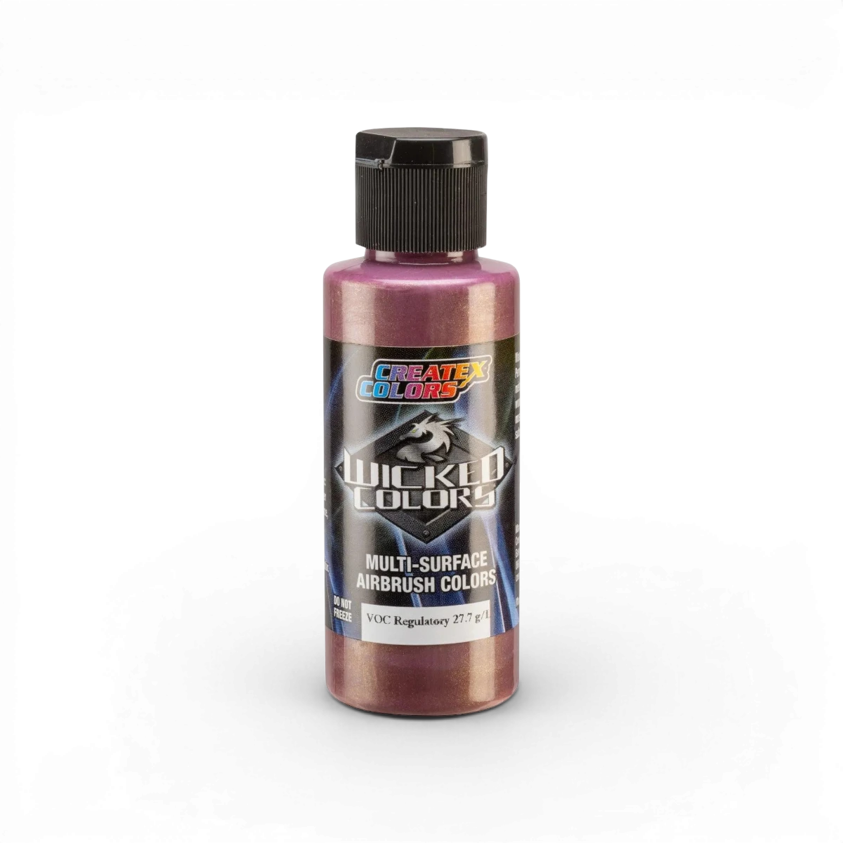 Peinture en spray Createx Colors W372 Wicked Rose métallisé, finition brillante et colorée sur un fond blanc.