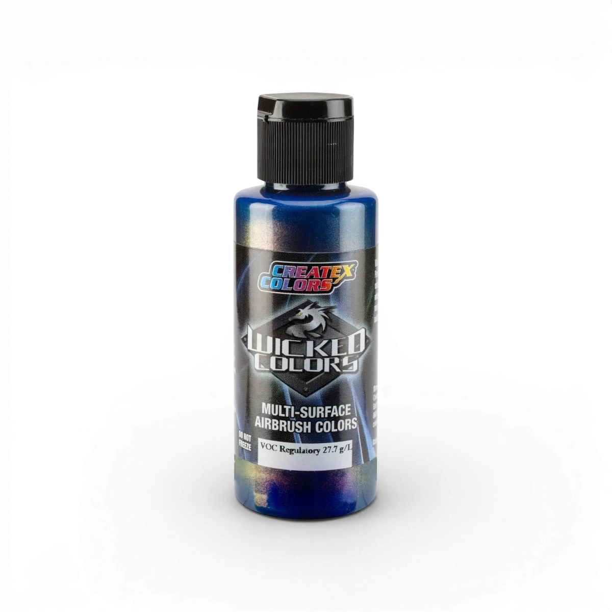 Aiguille de peinture Createx Colors W452 Wicked Flair en bleu et cuivre, avec des détails de la peinture colorée sur la surface.
