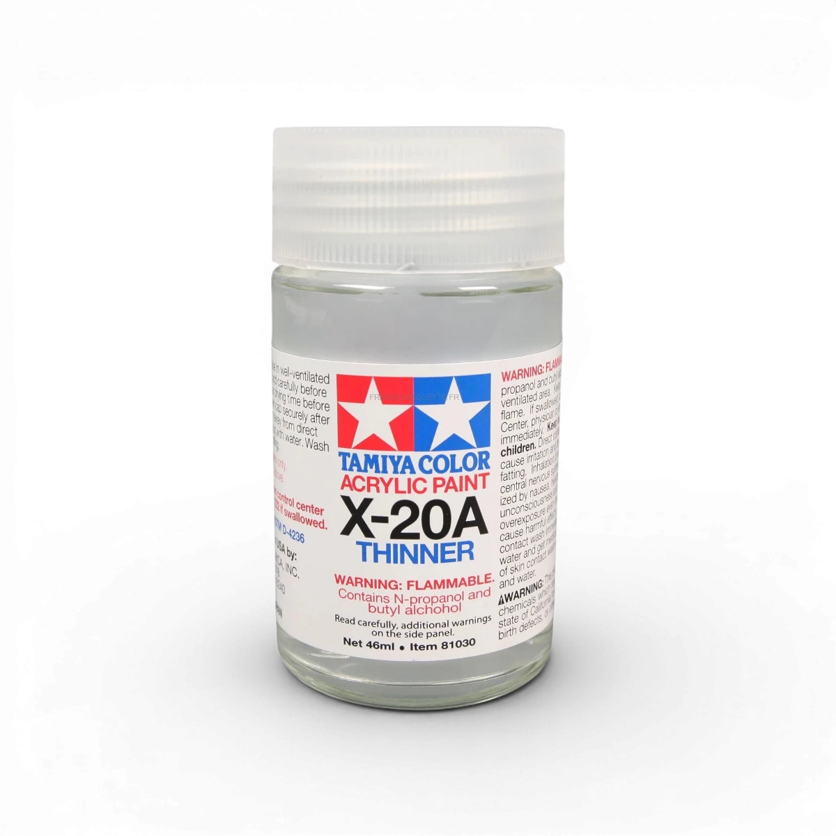 Diluant X-20A Tamiya pour peintures, flacon de 40 ml, adapté à la réduction et au nettoyage des peintures acryliques.