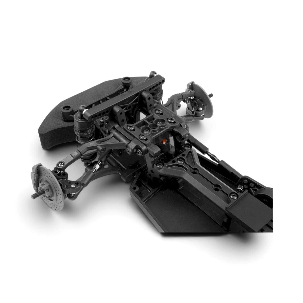 Chasis DriftParadiZ HPI Racing Stage-D10 Creator Edition negro, vista de cerca del tren delantero y las suspensiones