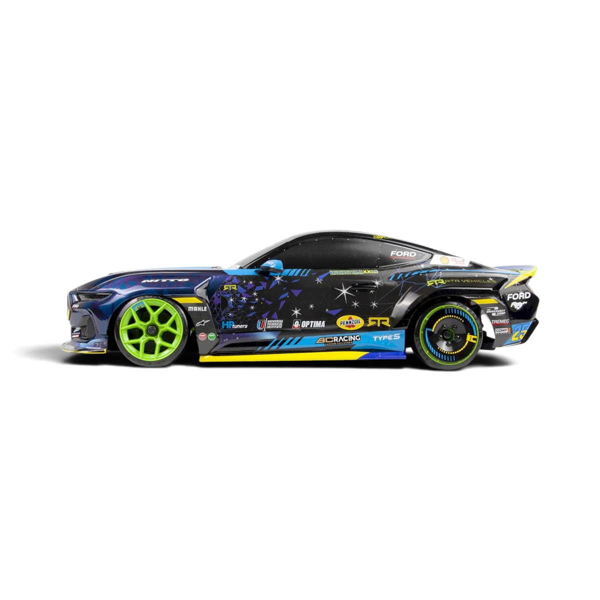 Voiture RC drift HPI Stage-D10 FLUX Ford Mustang RTR Spec-5 FD Vaughn Gittin Jr sans radio, vue de face, en gros plan.