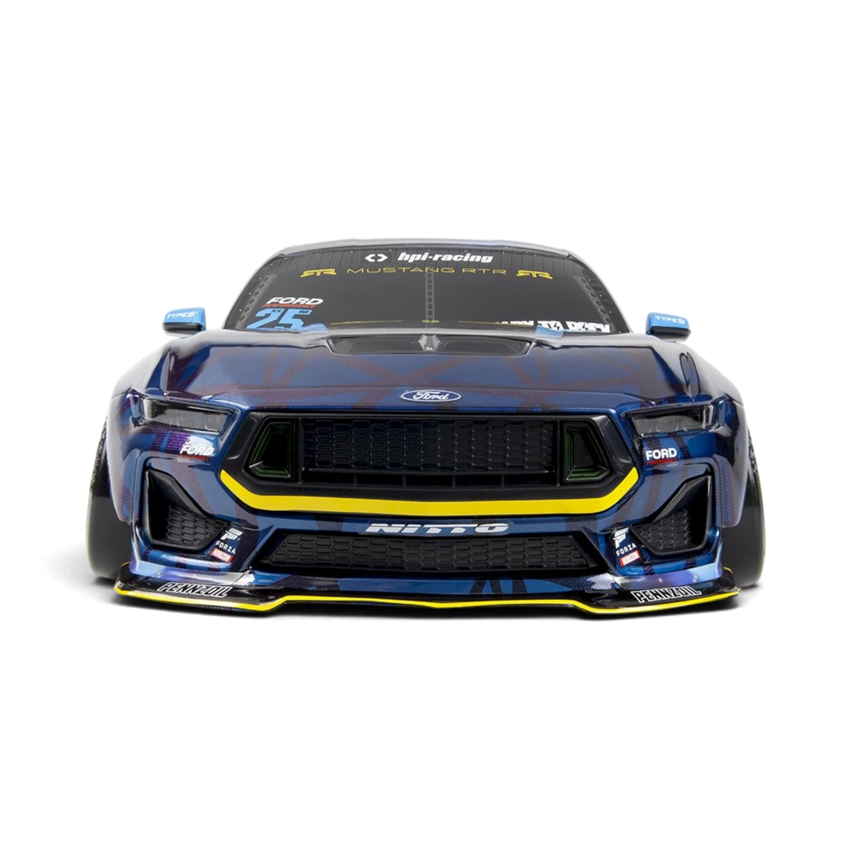 Voiture RC drift HPI Stage-D10 FLUX Ford Mustang RTR Spec-5 FD Vaughn Gittin Jr brushless, vue de côté.