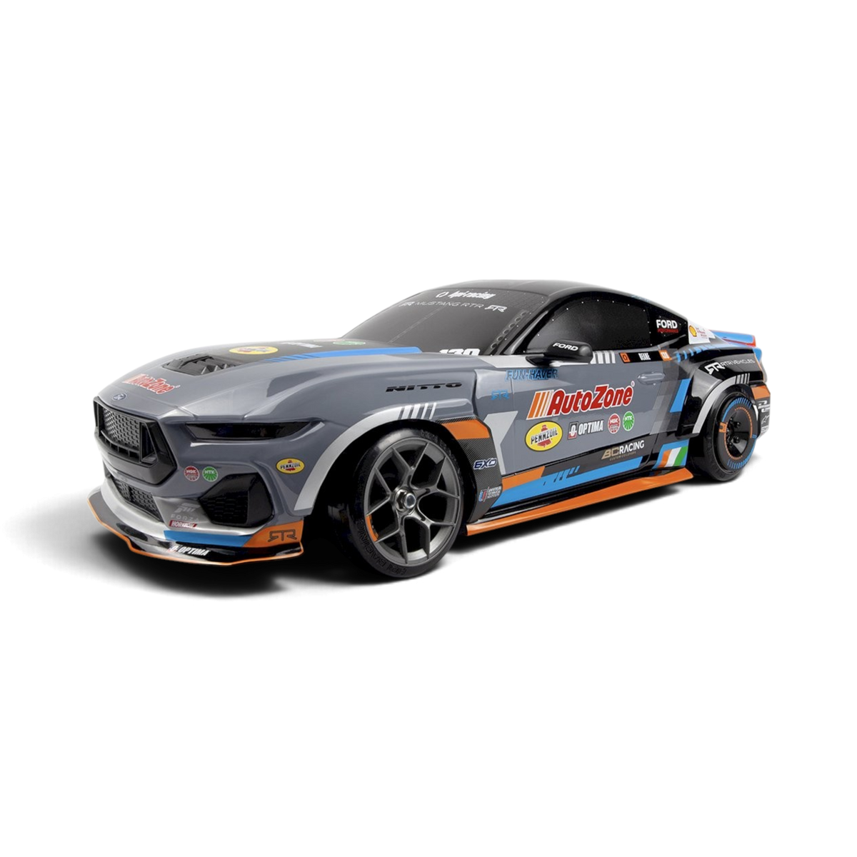 Voiture RC Drift HPI Ford Mustang RTR Spec-5 FD James Deane, modèle réduit pour drift, vue de face avec détails de la carrosserie.