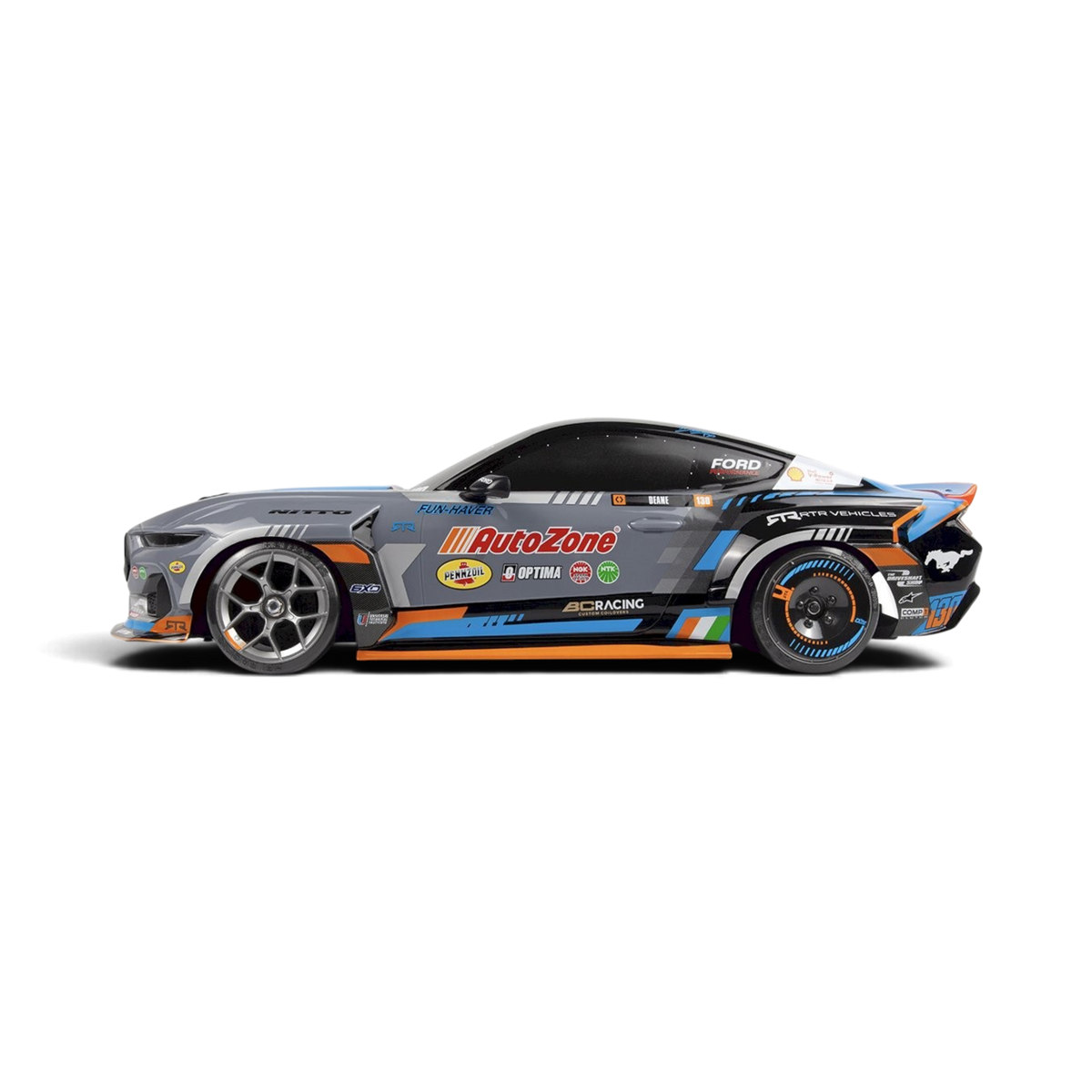 Voiture RC drift Ford Mustang RTR Spec-5 FD James Deane HPI, modèle réduit de voiture de drift avec design détaillé et roues larges.