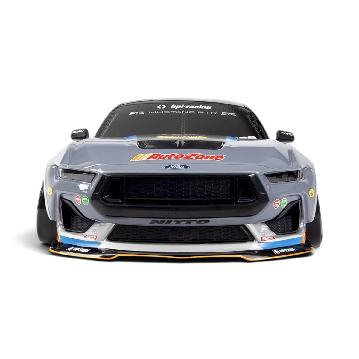 Voiture RC drift Ford Mustang RTR Spec-5 FD James Deane HPI, modèle réduit pour drift, avec design détaillé et pneus spécialisés.