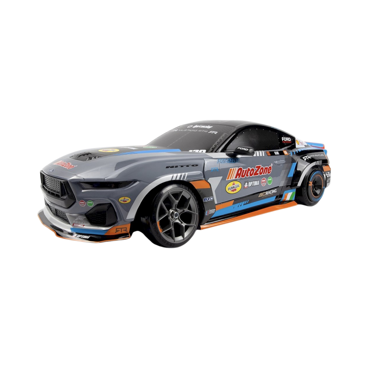 Voiture RC Drift HPI Stage-D10 FLUX Ford Mustang RTR Spec-5 FD James Deane sans balais, vue de face, détails du modèle.
