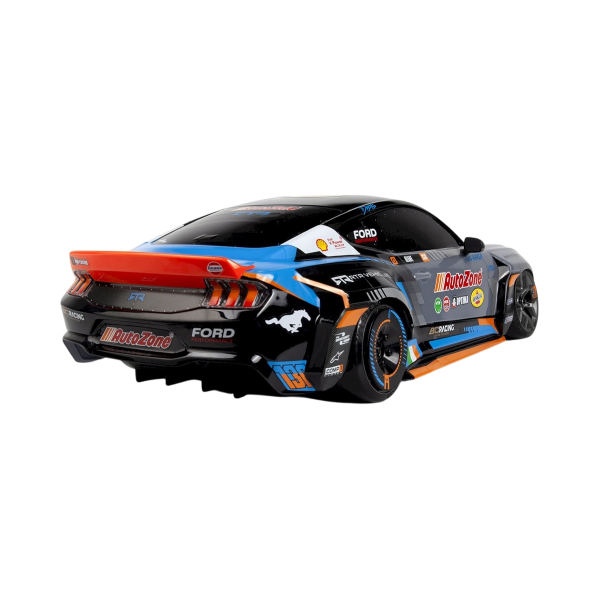 Voiture RC Drift HPI Stage-D10 FLUX Ford Mustang RTR Spec-5 FD James Deane sans balais, vue de côté, en mouvement.