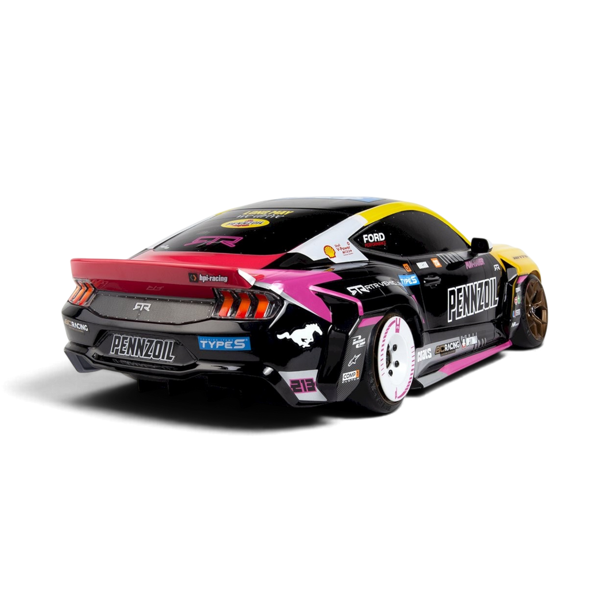 Voiture RC Drift HPI Ford Mustang RTR Spec-5 FD Ben Hobson, modèle brushless Stage-D10 FLUX, vue de côté.