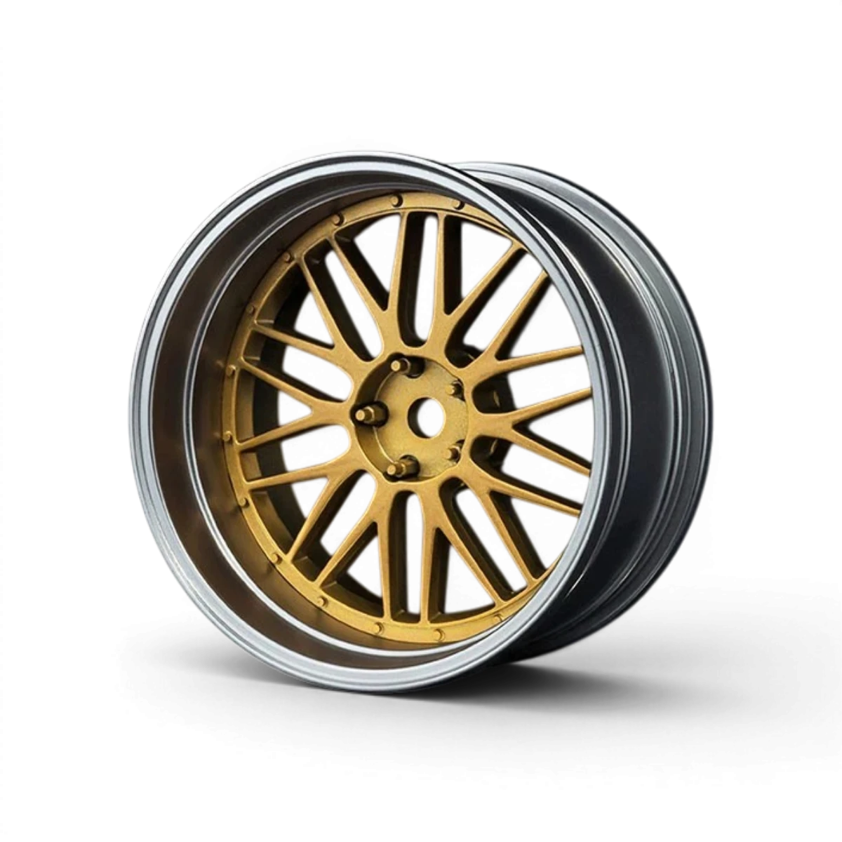 Jantes Max Speed Technology LM Offset réglable, chromées mates et or, pour voitures, vue rapprochée des jantes en alliage.
