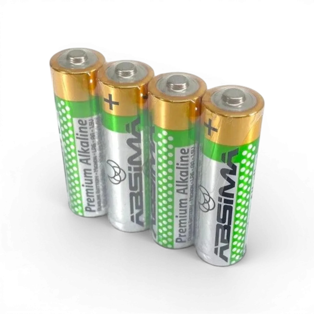 Quatre piles alcalines LR6 AA 1,5V premium de la marque Absima pour appareils électroniques.