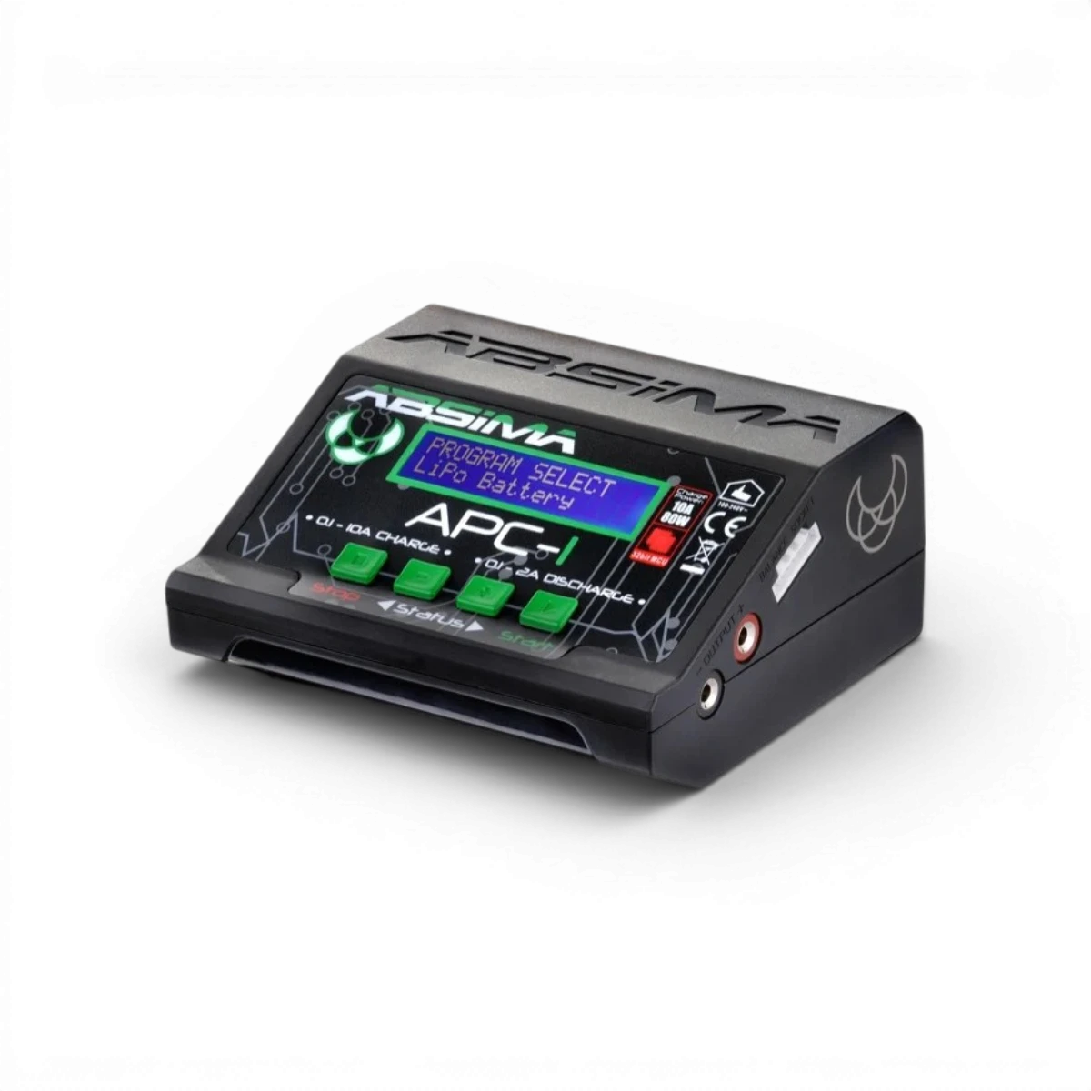 Chargeur APC-1 Absima pour électronique, vue de l'appareil avec câbles et connecteurs, version EU.