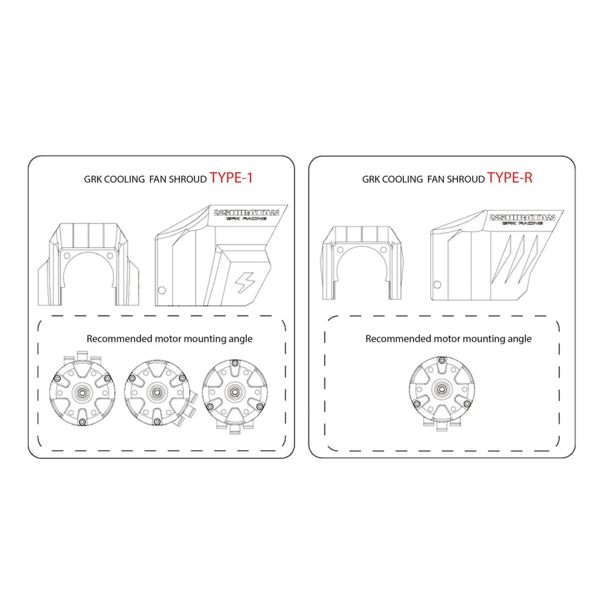 Schéma technique DriftParadiZ comparant le déflecteur de ventilateur Type 1 et Type R pour châssis GRK-R