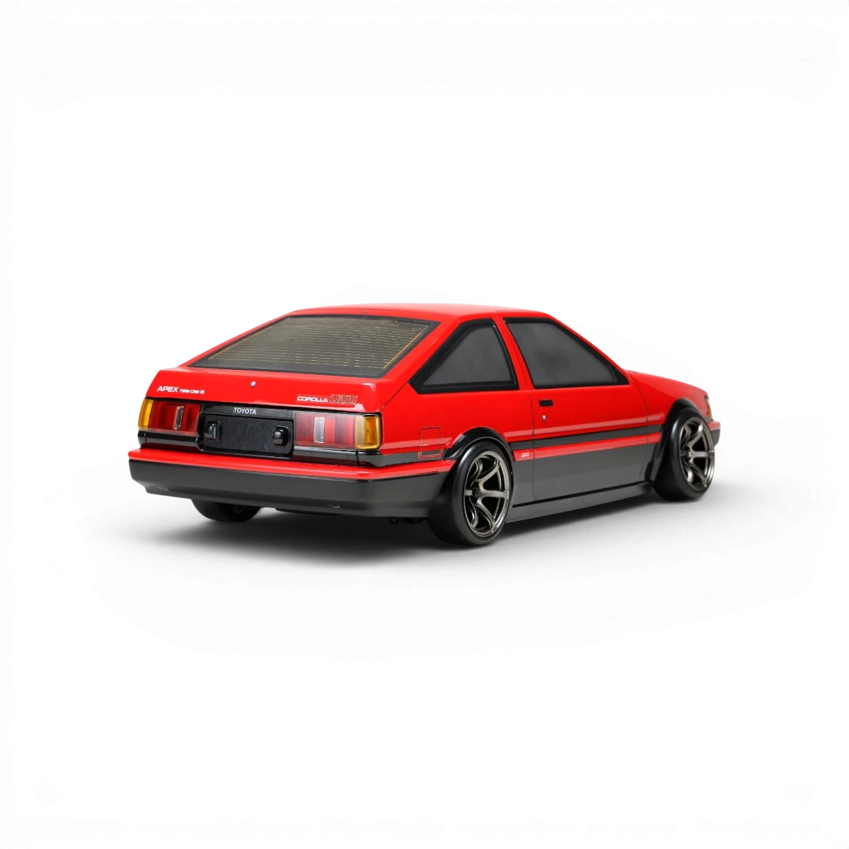 Carrosserie Toyota AE86 Levin L3 de Team Yokomo, vue détaillée de la carrosserie en plastique pour voiture RC.