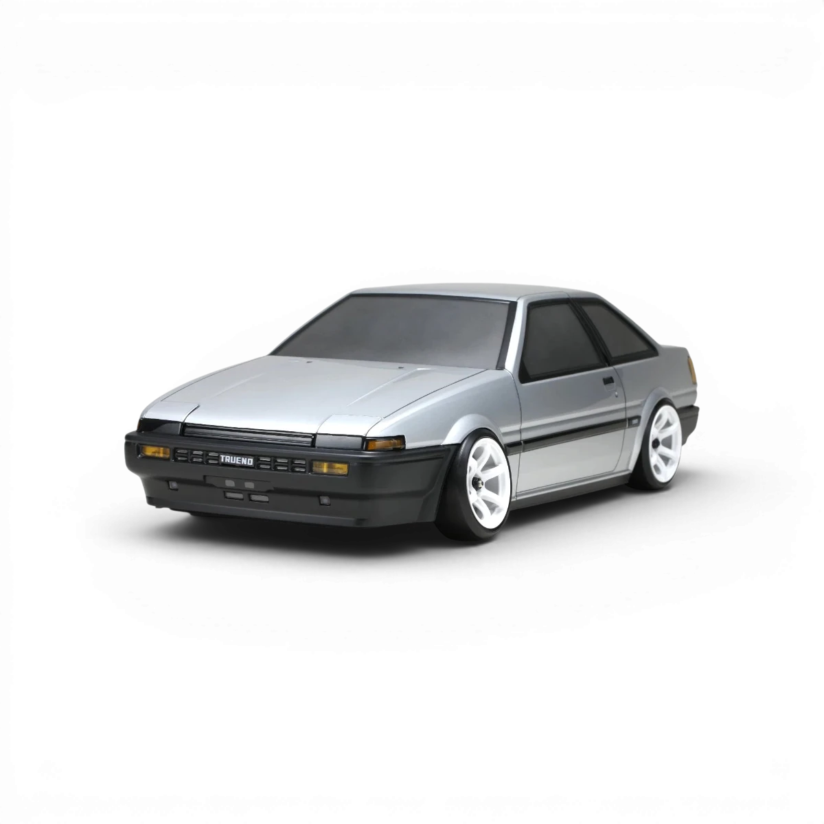 Carrosserie Toyota AE86 Trueno T2 de Team Yokomo, vue détaillée de la carrosserie pour voiture RC, finition précise et design réaliste.