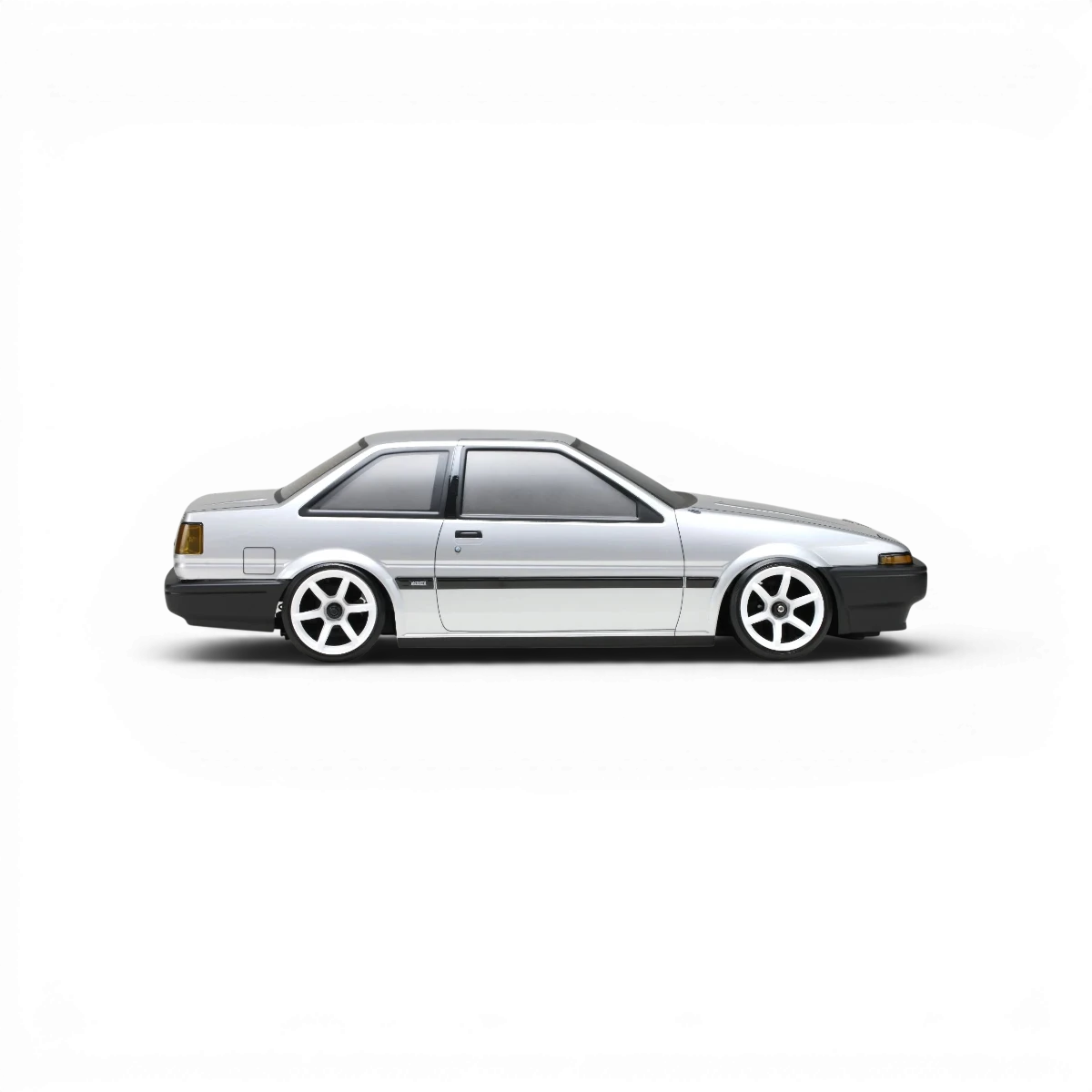 Carrosserie Toyota AE86 Trueno T2 de Team Yokomo, vue en détail avec finition bleue et éléments de design réalistes.