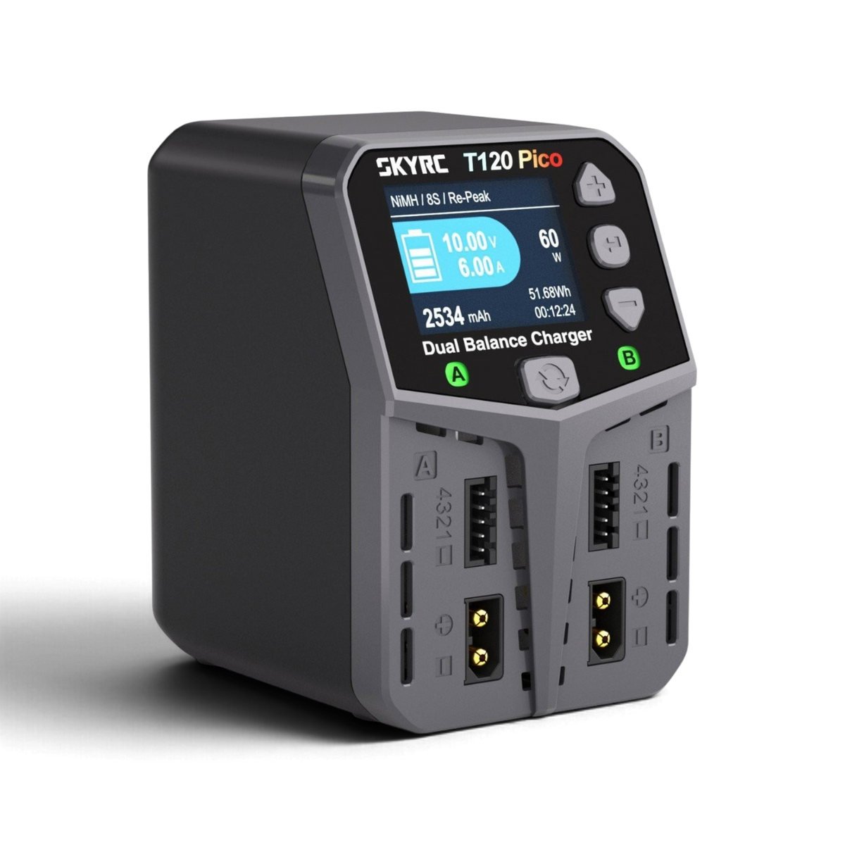 Chargeur double SkyRC T120 Pico DriftParadiZ avec écran LCD, connecteurs XT60 et ports d'équilibrage pour batteries RC
