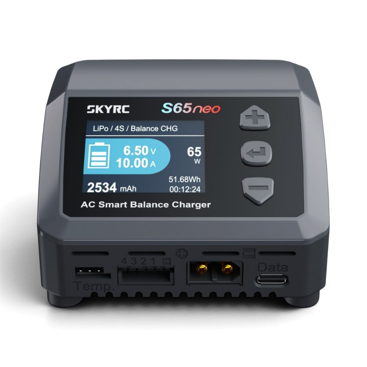 Chargeur SkyRC S65neo DriftParadiZ avec écran couleur affichant les données de charge pour batteries LiPo