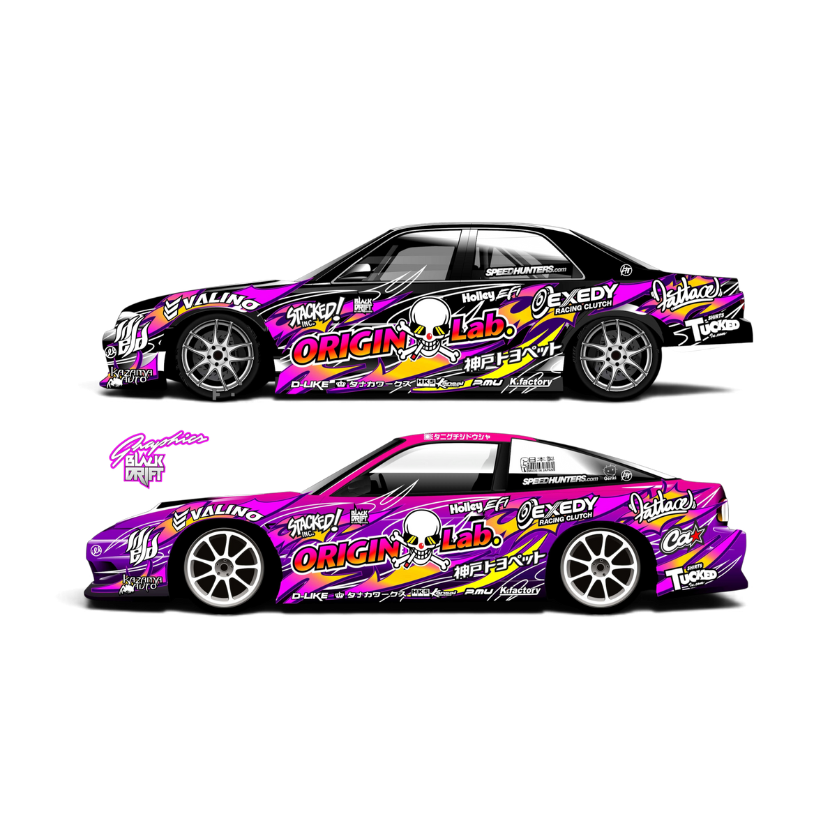 Autocollant décoration complète Black Drift Stickers Low Origin 2, design noir avec motifs de drift pour voiture.