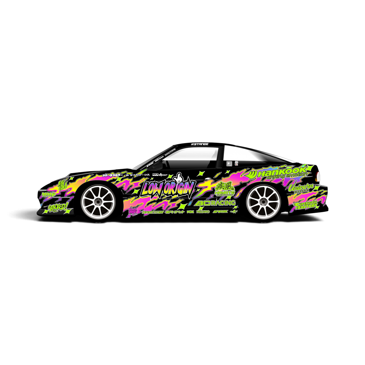 Kit de décoration DriftParadiZ Low origin 5 pour carrosserie RC 1/10 avec motifs graphiques colorés sur fond noir