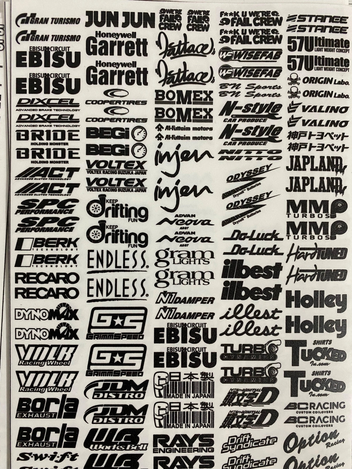 Autocollants sponsors petits de la marque Black Drift, collection de 14 stickers noirs pour personnalisation de voiture.