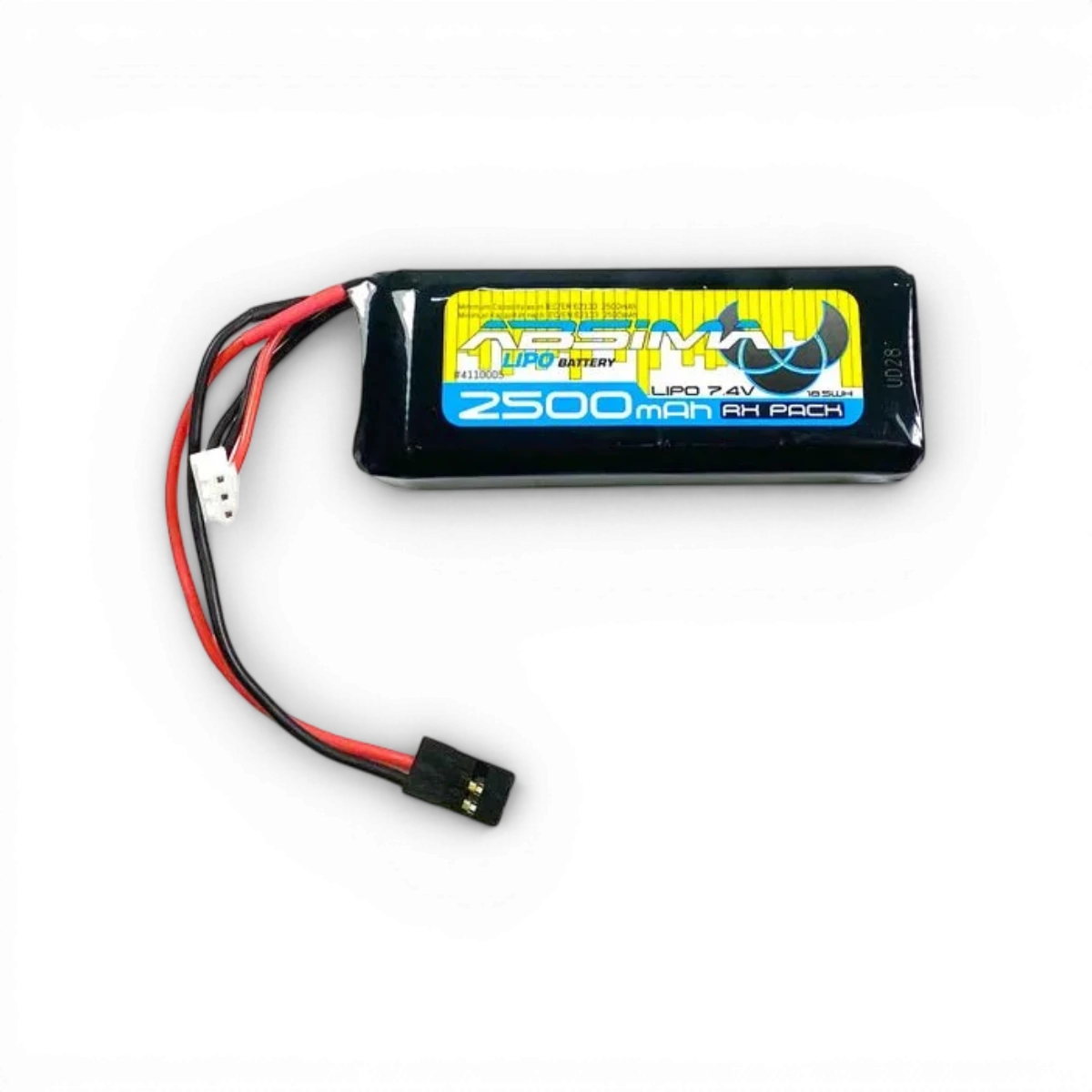Batterie LIPO Absima 2500mAh 7.4V pour télécommande, électronique, vue de face avec connecteurs visibles.