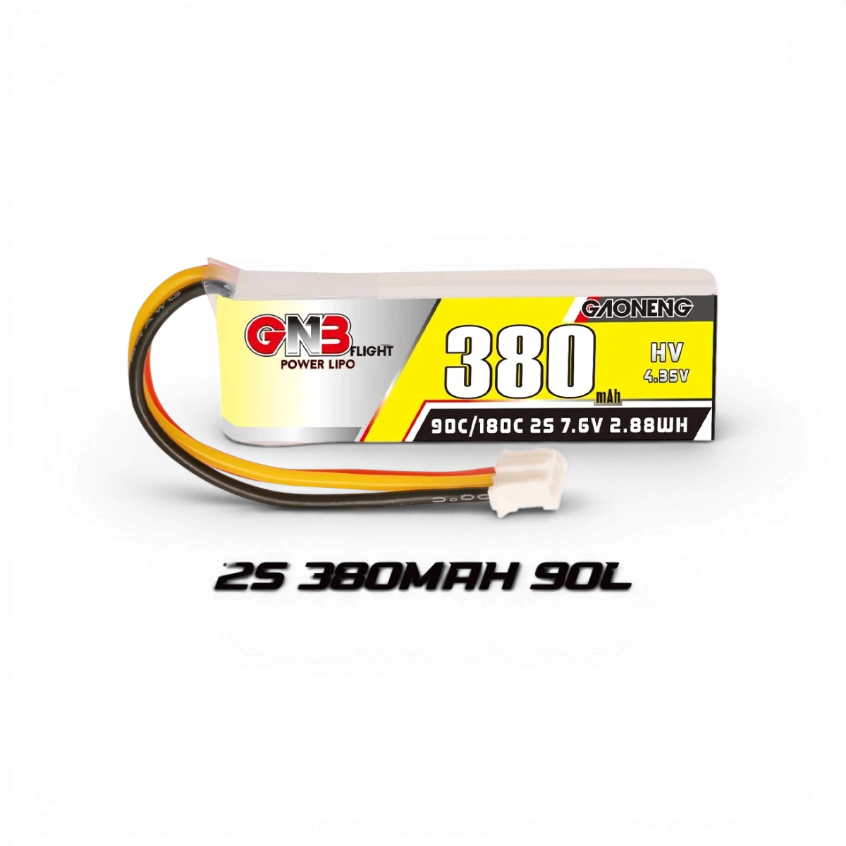 Batterie LiHV 2S 7,6V 380mAh 90C LiPo Gaoneng pour drone ou modèle électronique, vue de face avec connecteurs visibles
