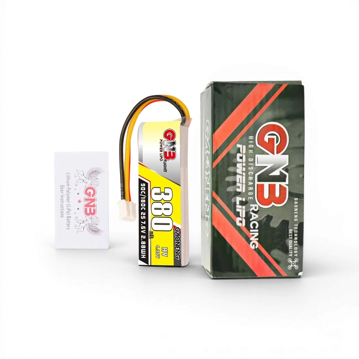 Batterie LiHV 2S 7,6V 380mAh 90C LiPo Gaoneng pour électronique, haute performance, connecteurs visibles.