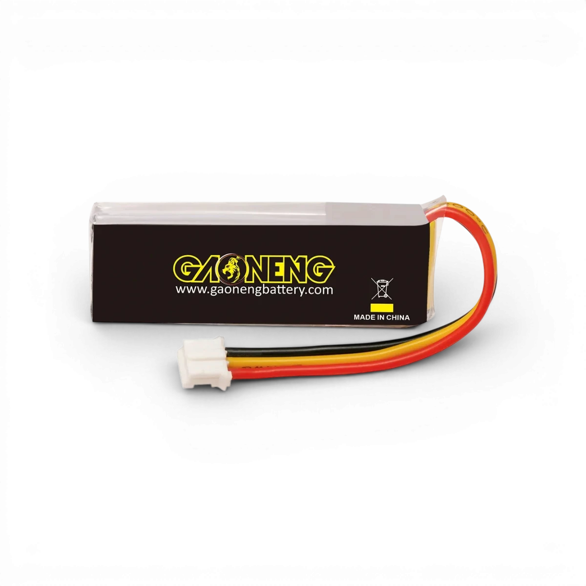 Batterie LiHV 2S 7,6V 380mAh 90C LiPo de la marque Gaoneng, vue de face avec connecteurs visibles.