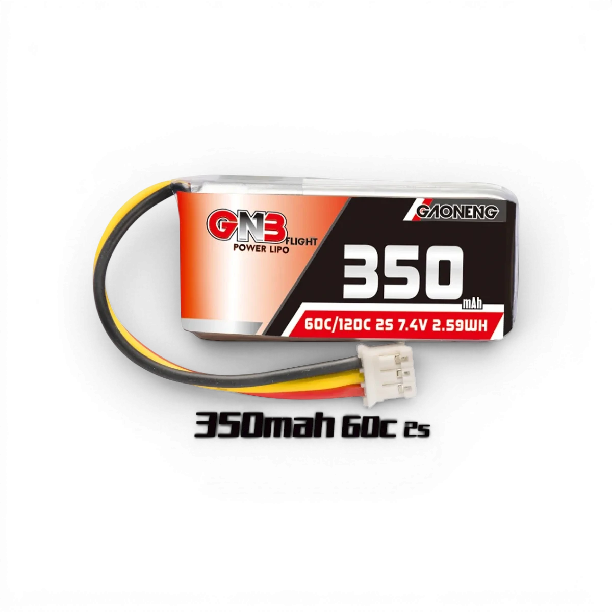 Batterie LiPo 2S 7,4V 350mAh 90C de la marque Gaoneng pour électronique, visible avec connecteurs et étiquettes.