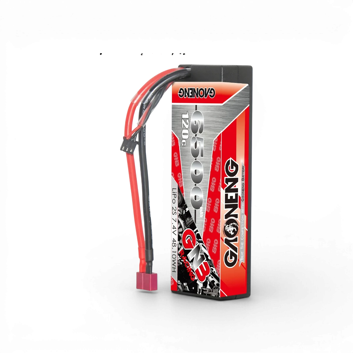 Batterie Lipo Gaoneng 7.4V 6500mAh 120C pour électronique, vue de face avec connecteurs visibles.