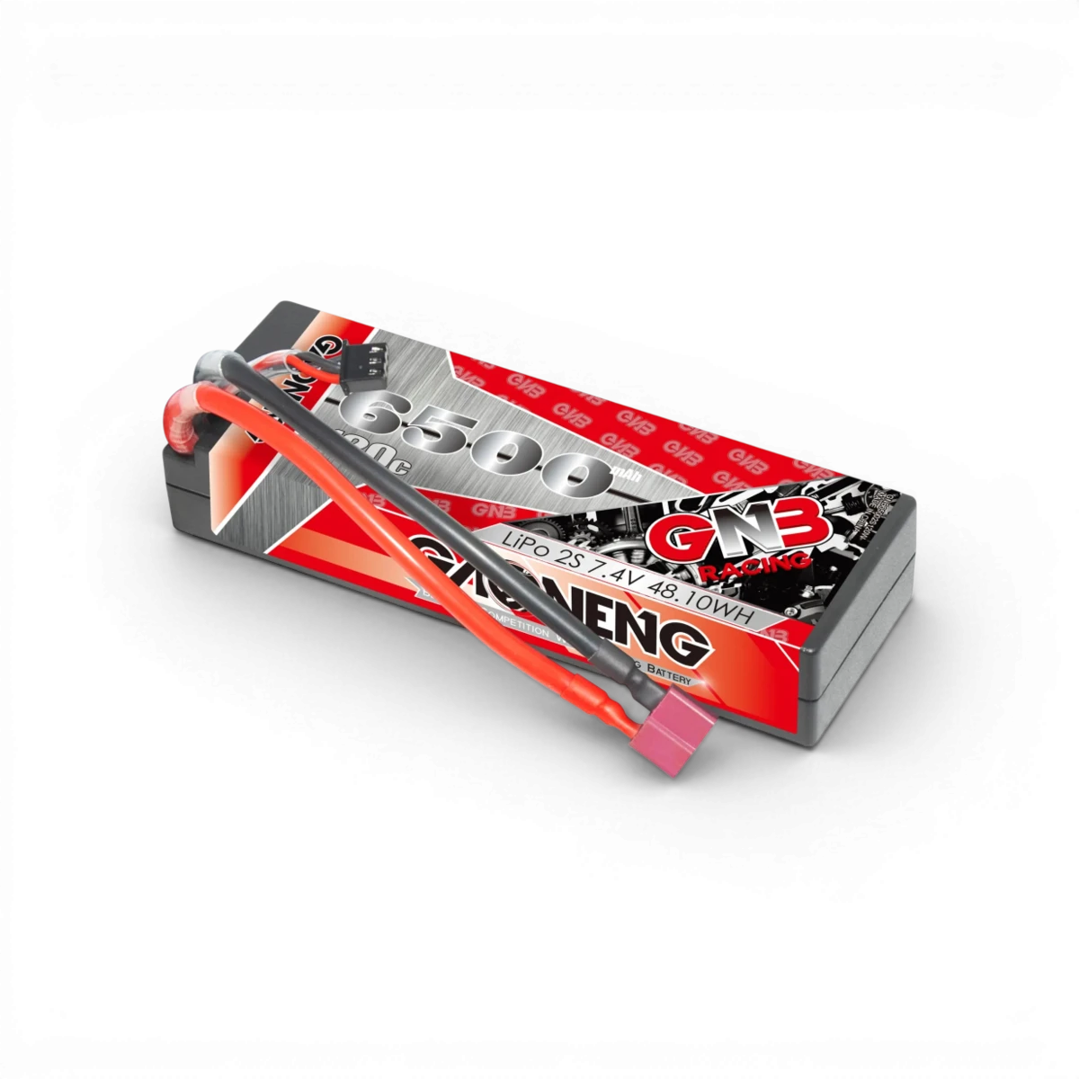 Batterie Lipo 7.4V 6500mAh 120C de la marque Gaoneng, vue en gros plan avec connecteurs visibles.