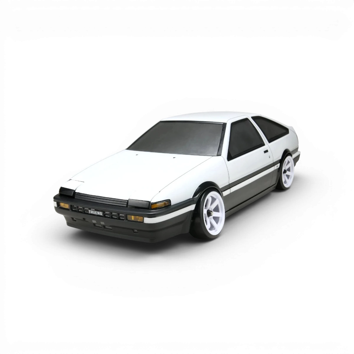 Carrosserie Toyota AE86 Trueno T3 de Team Yokomo, modèle de voiture radiocommandée, vue de face avec détails de la carrosserie.