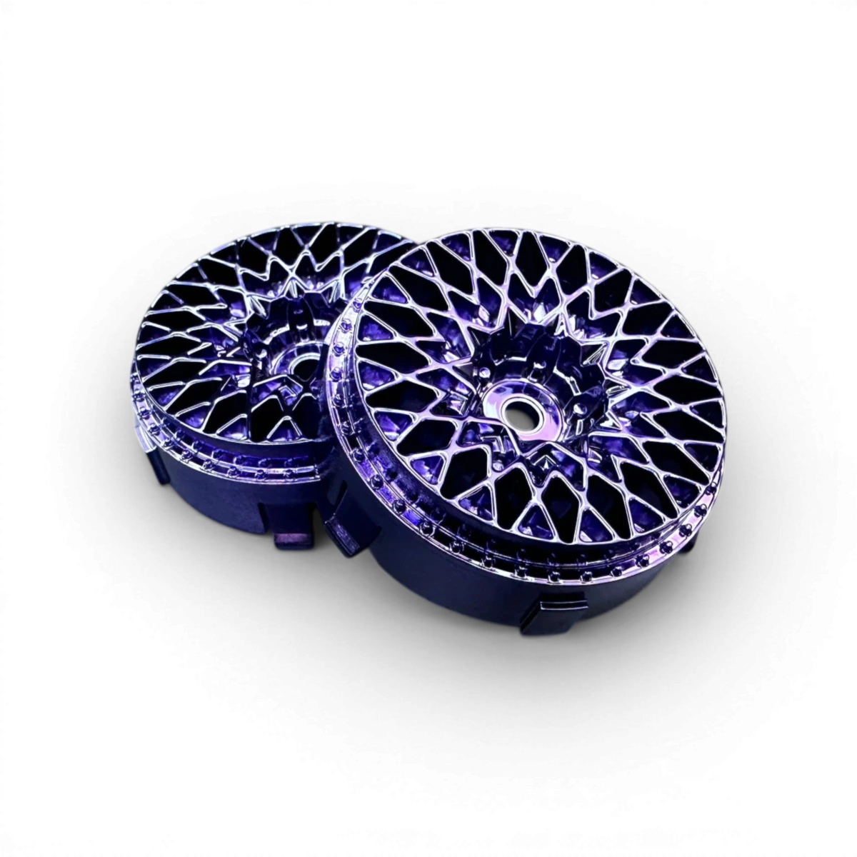 Roues Tetsujin Centre Grand Seeker violettes en coton, conçues pour véhicules de drift, avec un design élégant et robuste.