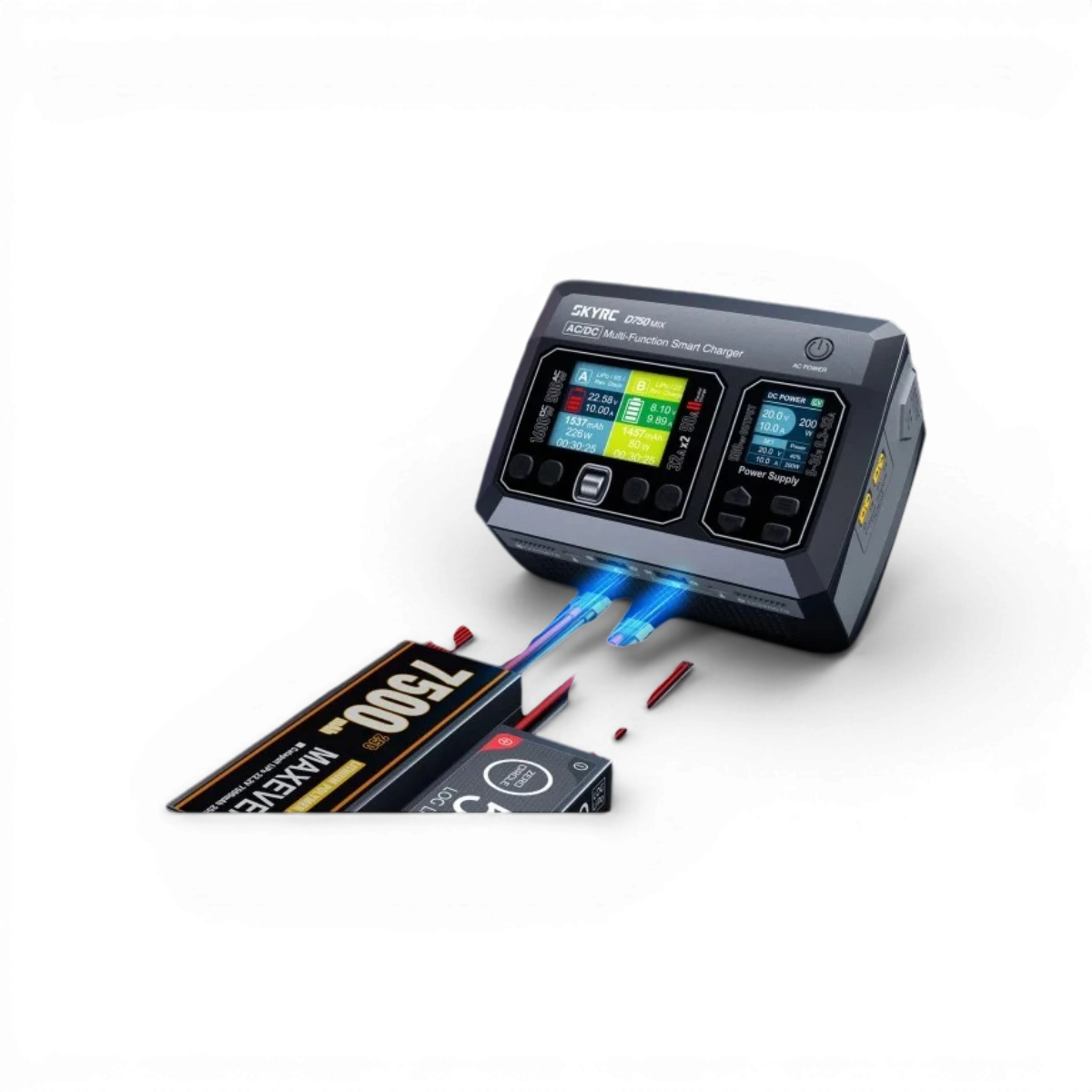 Chargeur D750 MIX SkyRc, chargeur électronique avec puissance maximale de 500W AC et 1600W DC, affiché en action.