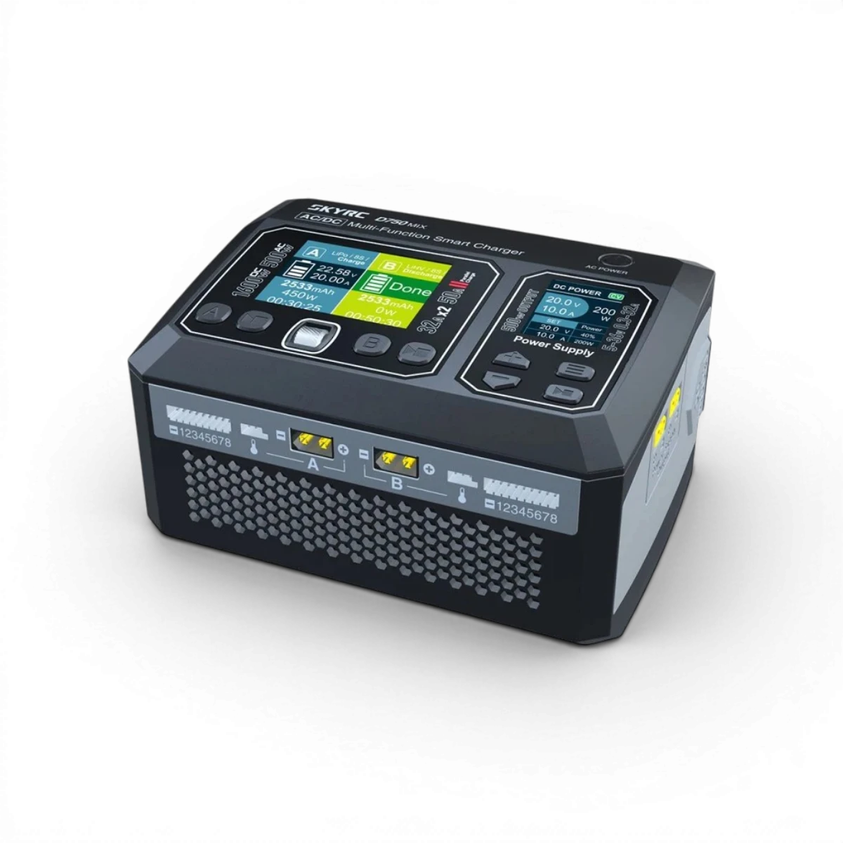 Chargeur D750 MIX SkyRc pour électronique, capacité AC 500W et DC 1600W, affichage et connecteurs visibles.