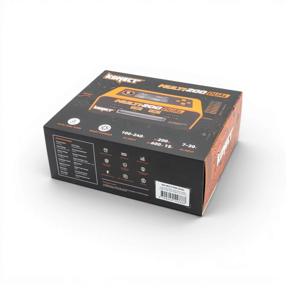 Chargeur Dual AC/DC 200W Konect pour recharge, décharge et équilibrage de batteries électroniques, avec écran et boutons de contrôle.