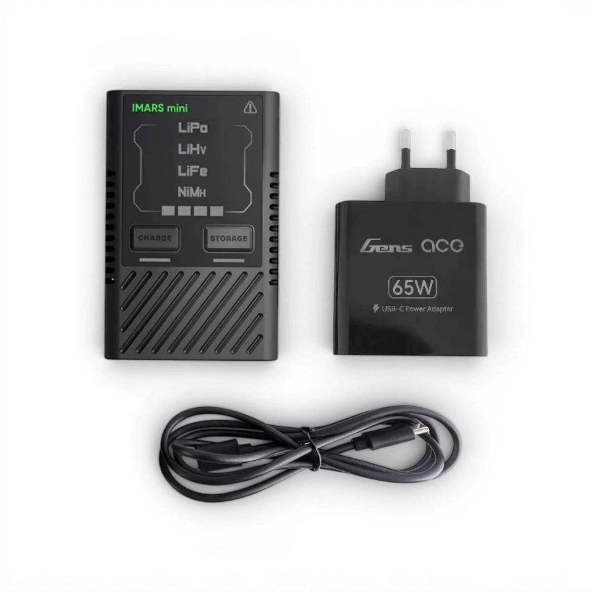 Chargeur Imars Mini USB-C 2-4S avec adaptateur 65W Gens Ace, électronique compact pour recharge rapide.