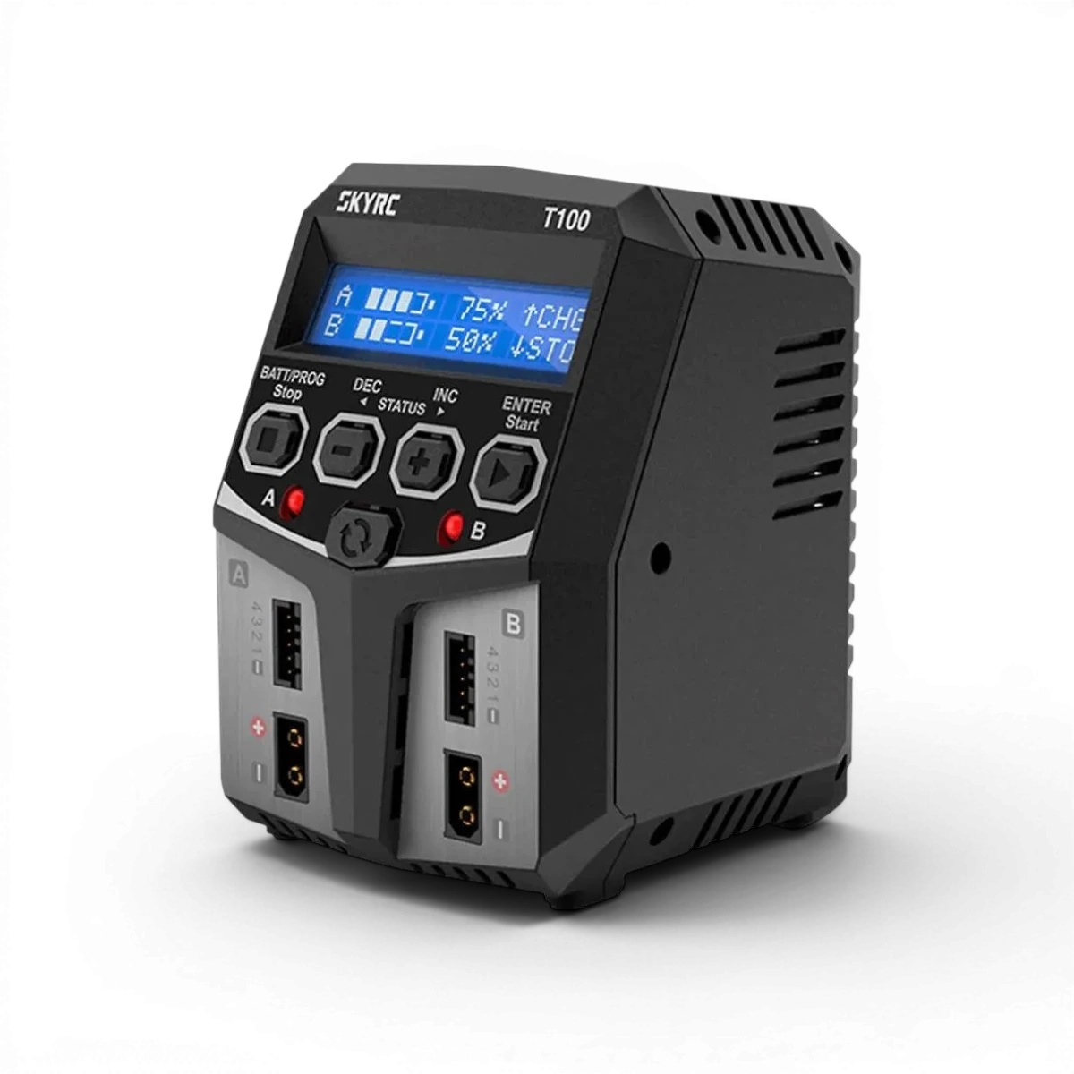 Chargeur T100 Duo SkyRc, électronique, avec deux ports de 50W, affichage numérique et design compact.