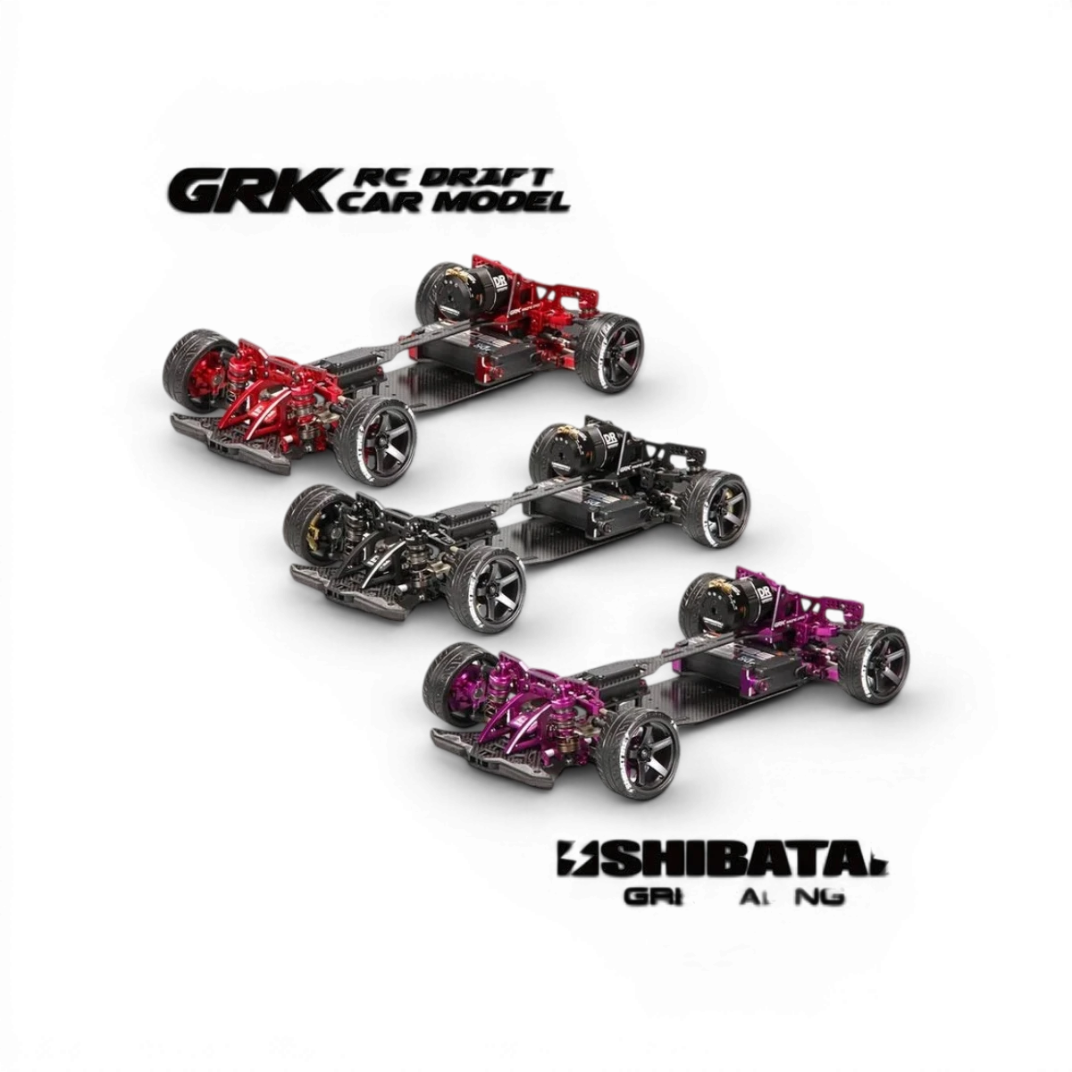 Châssis kit RC Drift SHIBATA GRK5R avec structure en carbone, composants de précision pour voitures radiocommandées.