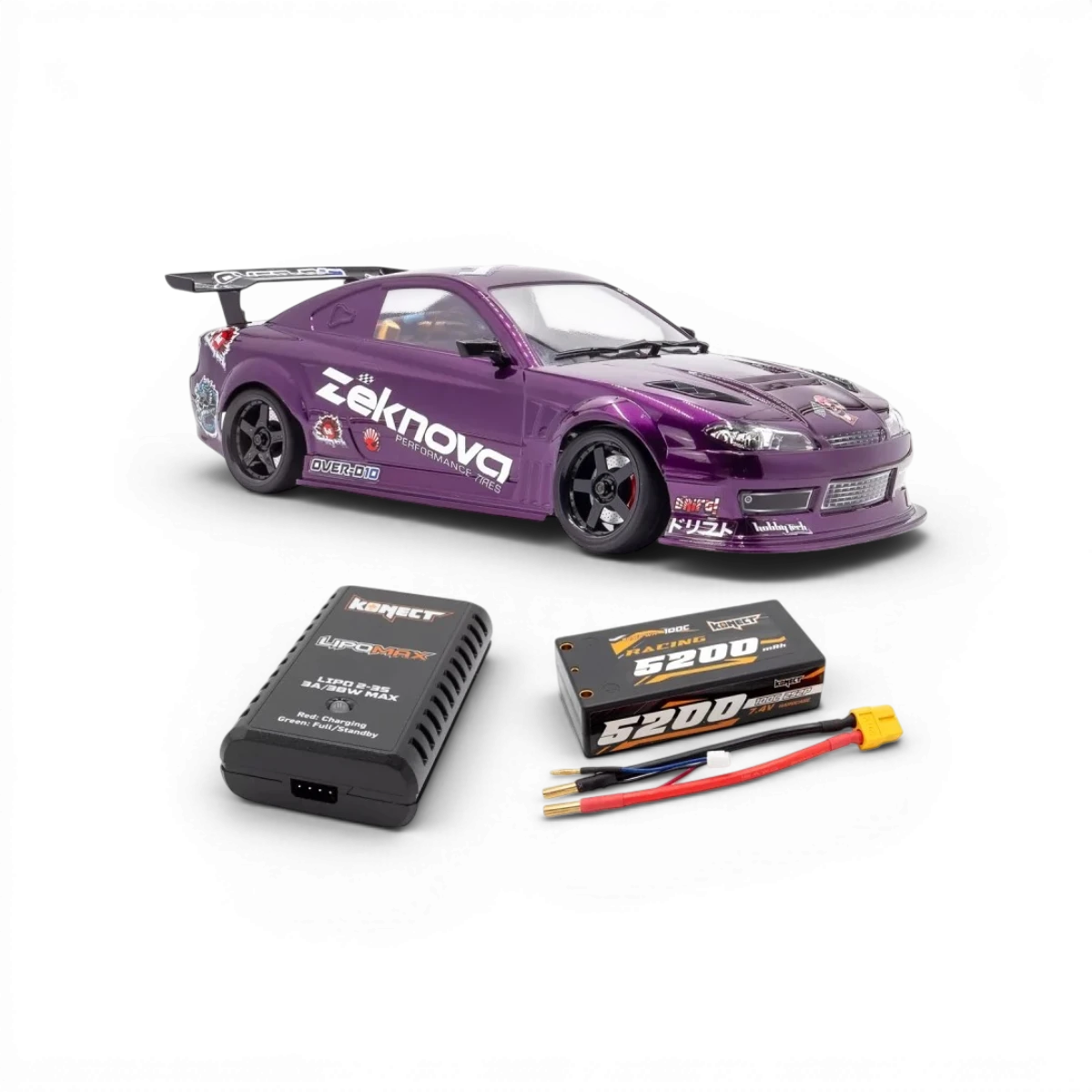 Châssis RC drift HOBBYTECH OVER-D10 RTR brushless RWD, vue de face montrant le châssis de voiture radiocommandée.