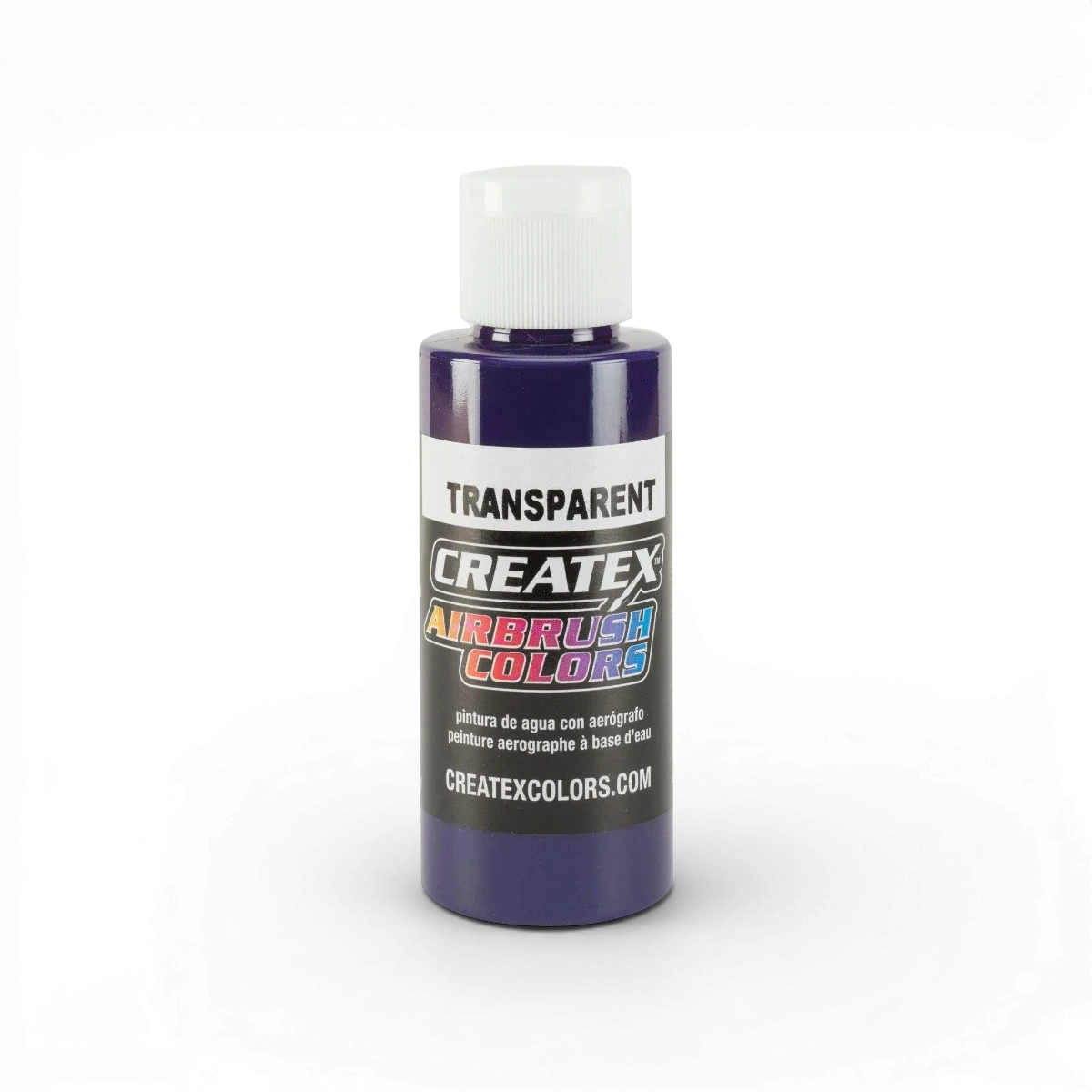 Aquarelle transparente violette Createx Colors, boîte classique avec flacon de peinture violette translucide.
