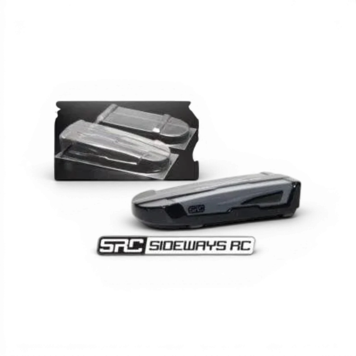 Coffre de toit Src Sideways RC, personnalisable, en métal noir pour véhicule, vue frontale avec fixation visible.