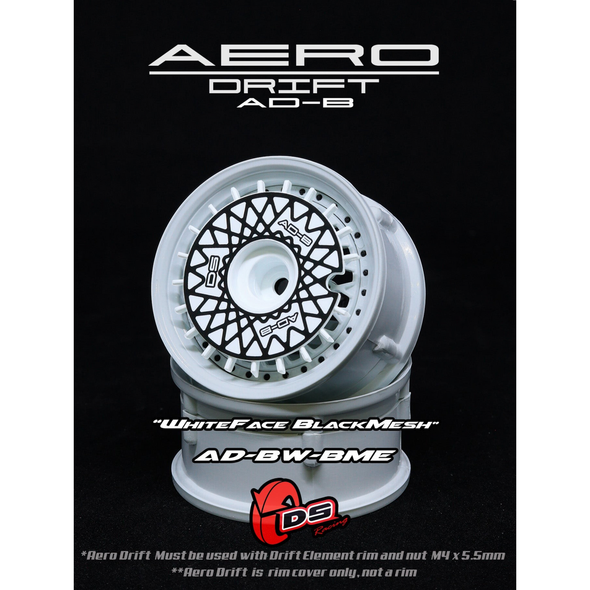 Couvercle Aero Drift blanc et noir pour Drift Element, compatible avec roues DS Racing, design plat et aérodynamique.