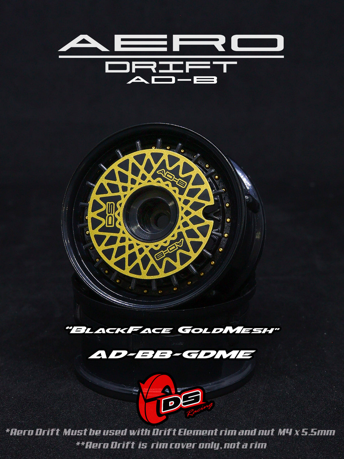 Couvercle Aero Drift noir et or pour roues Drift Element, design plat, de la marque DS Racing, pour personnalisation de drift
