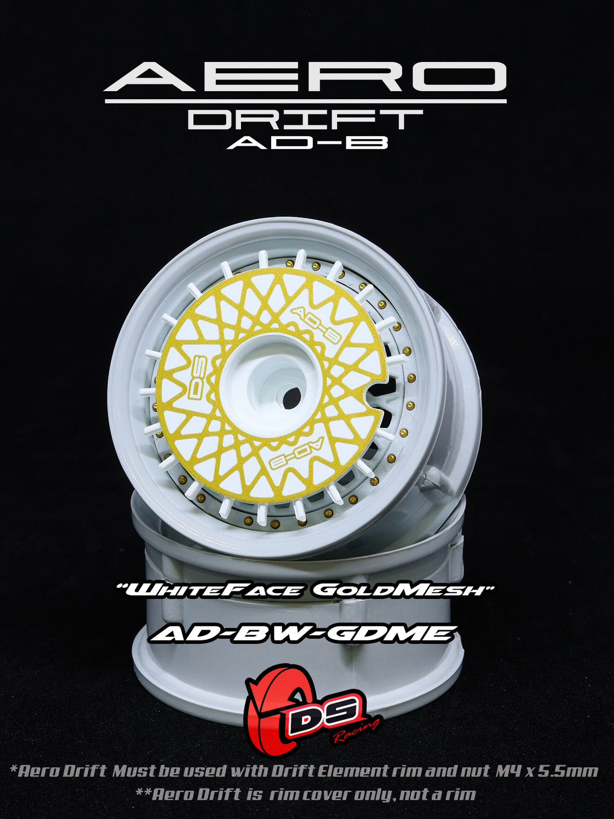Couvercle Aero Drift blanc et or pour Drift Element Slope, roues DS Racing, design aérodynamique et élégant.
