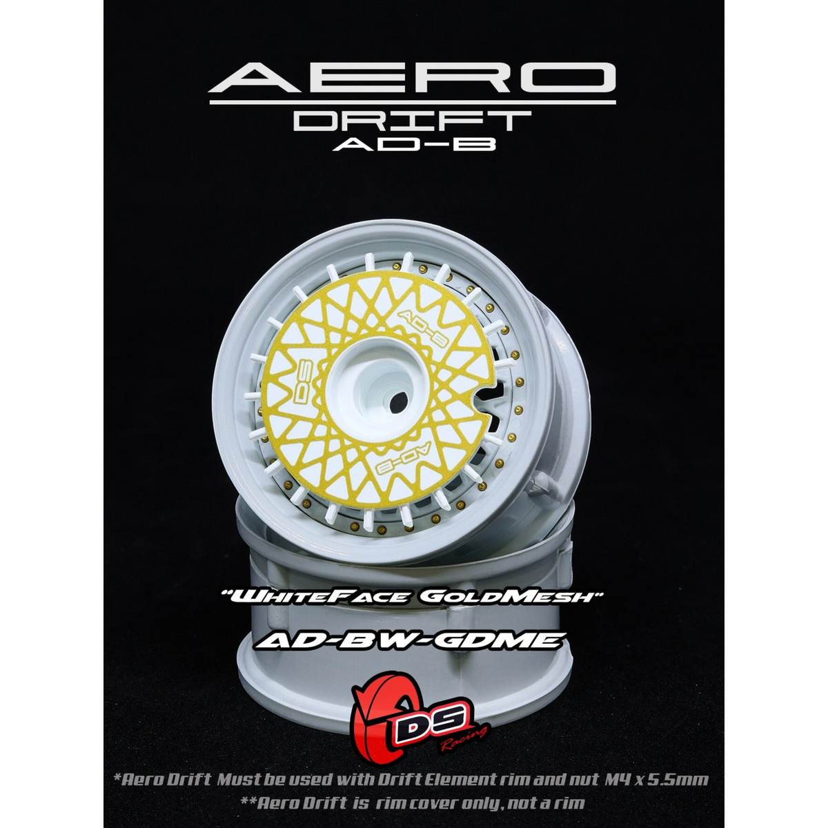 Couvercle Aero Drift pour Drift Element Slope, blanc et or, avec roues DS Racing, finition élégante pour voiture RC.