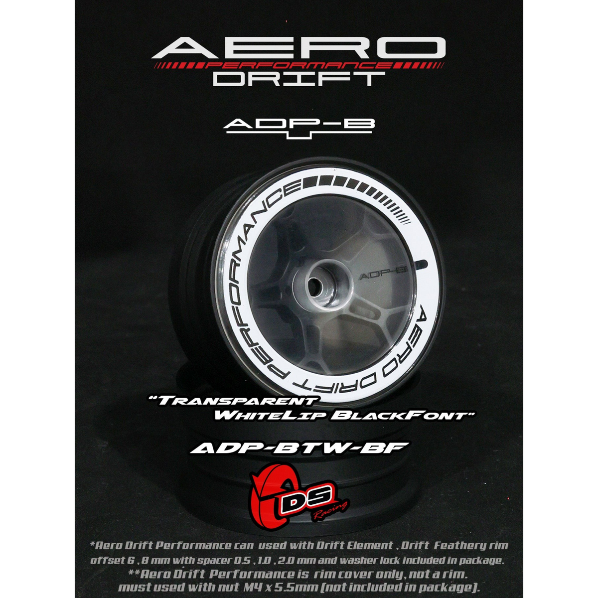 Couvercle aero performance Drift pour Drift Element, transparent et blanc, avec roues DS Racing, design plat et aérodynamique.