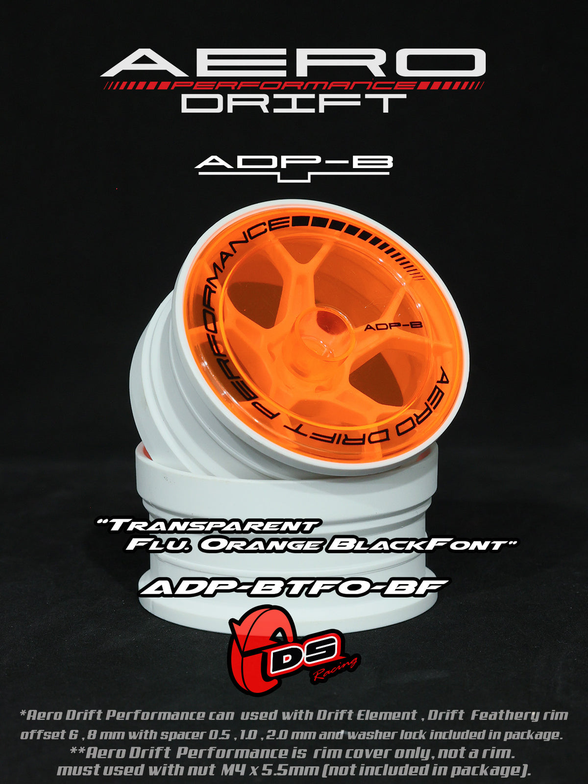 Couvercle Aero Performance Drift pour Drift Element, plat, en orange fluo, marque DS Racing, roues de haute performance.